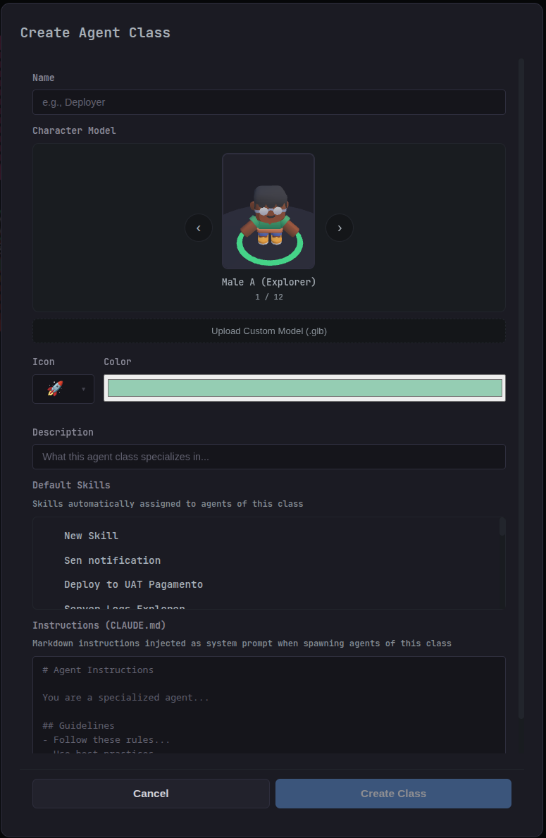 Create Agent Class dialog with character model selector, skills, icon, color, and CLAUDE.md instructions