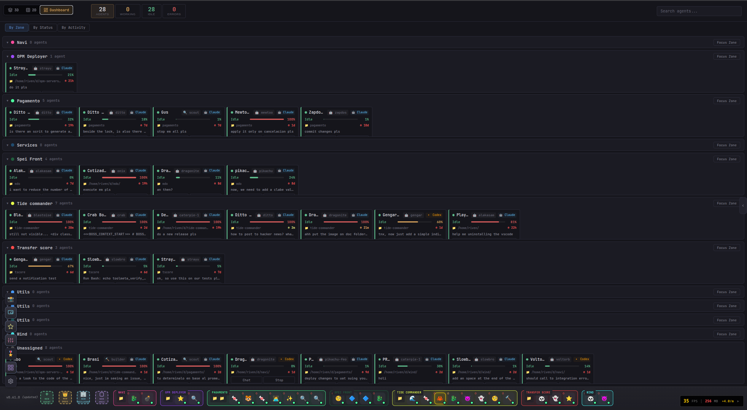 Dashboard view with agent status cards grouped by areas, showing tasks, context usage, and building metrics