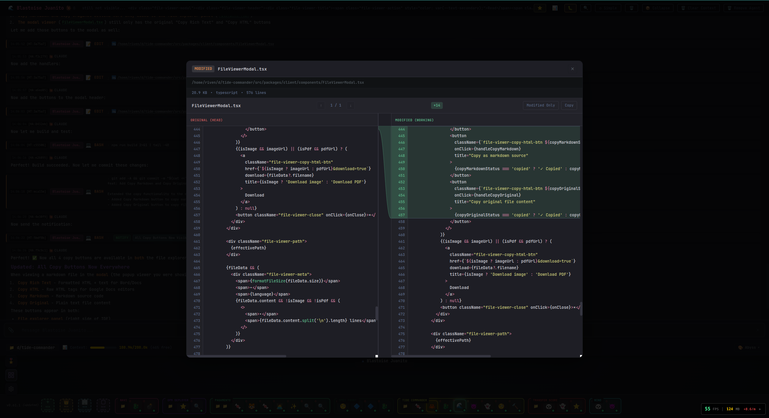 Inline file inspection showing code diff overlay while chatting with an agent