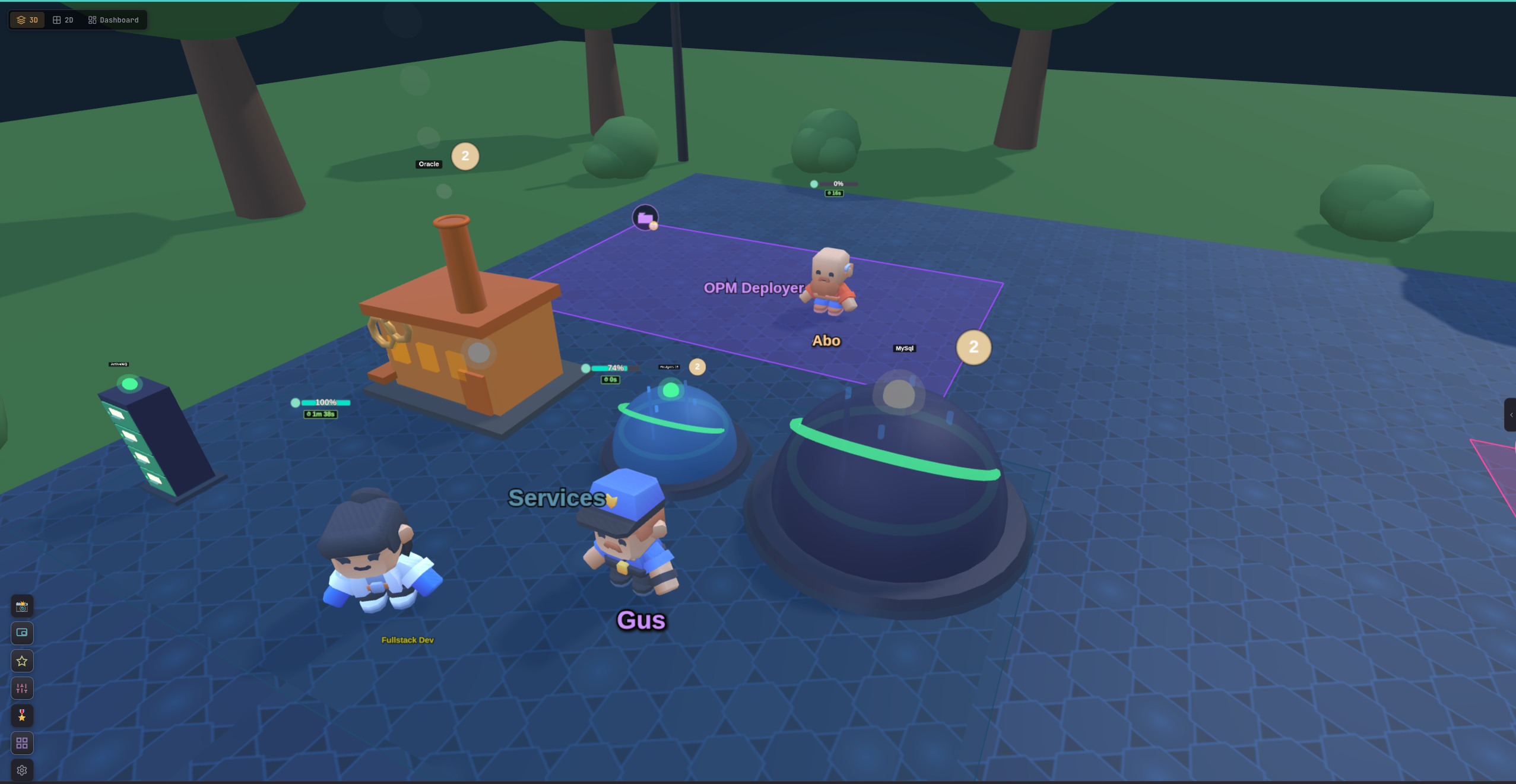 3D battlefield with AI agent characters, server building, and blue tiled terrain with trees