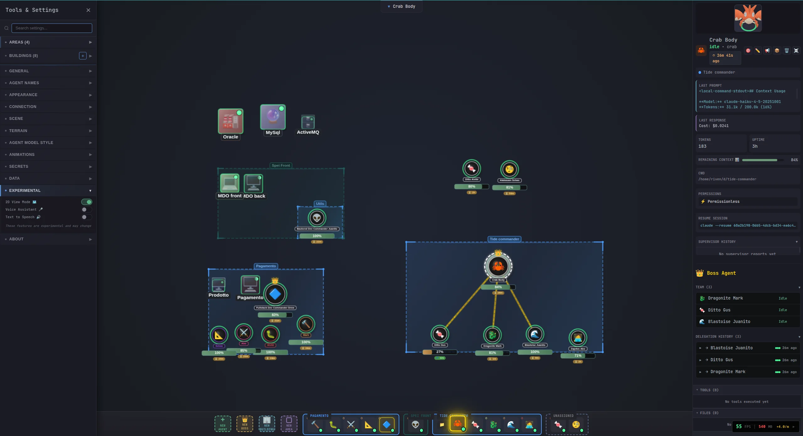 2D canvas view showing agent nodes, areas, buildings, and boss delegation hierarchy