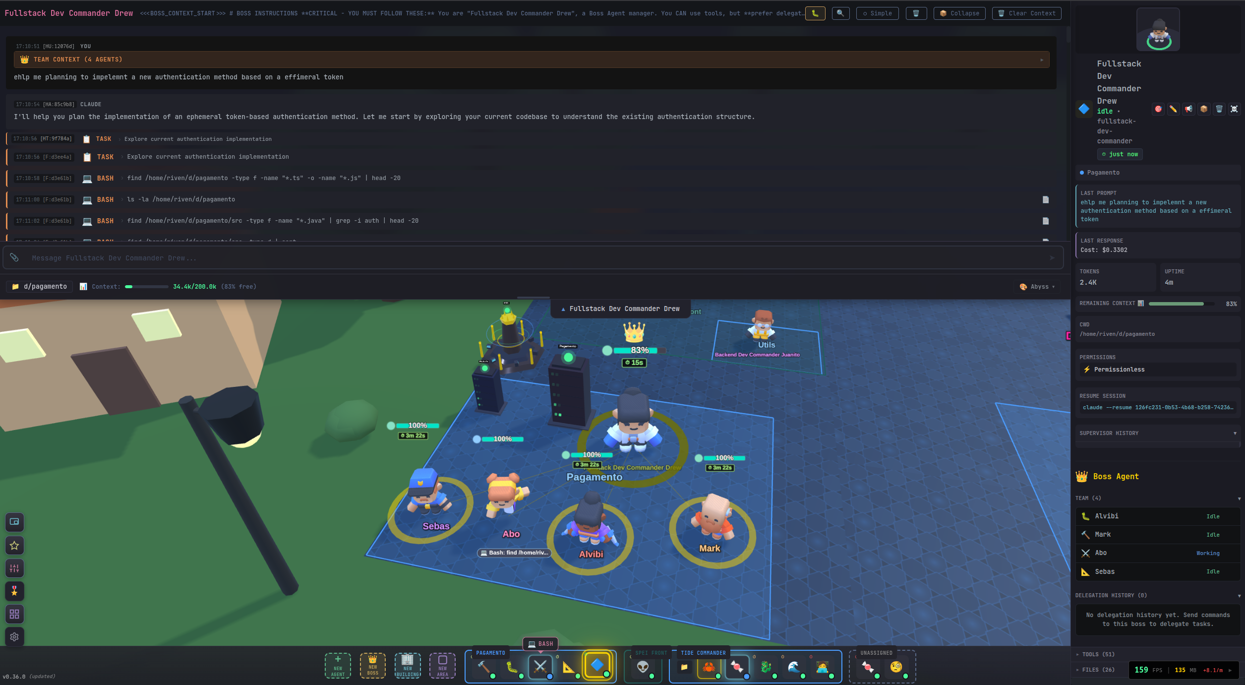 Tide Commander 3D battlefield with multiple AI agents working, Guake terminal showing conversation, and buildings on the terrain