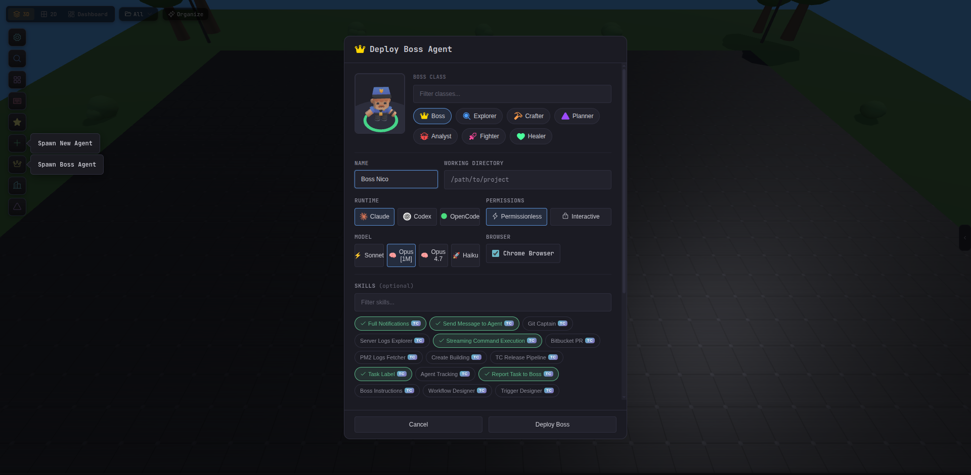 Spawn Boss Agent modal