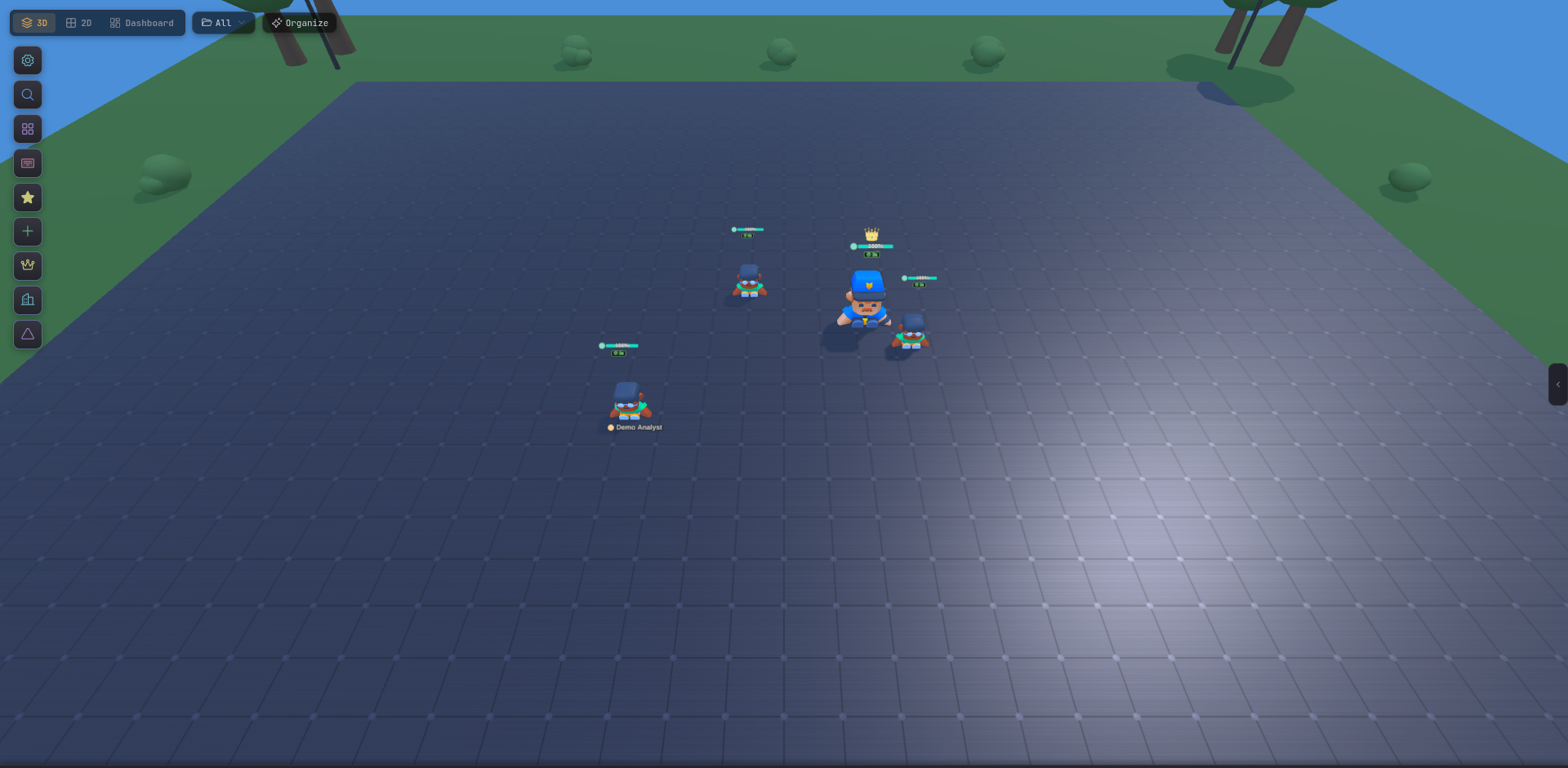Tide Commander 3D battlefield with agents, buildings, and terrain