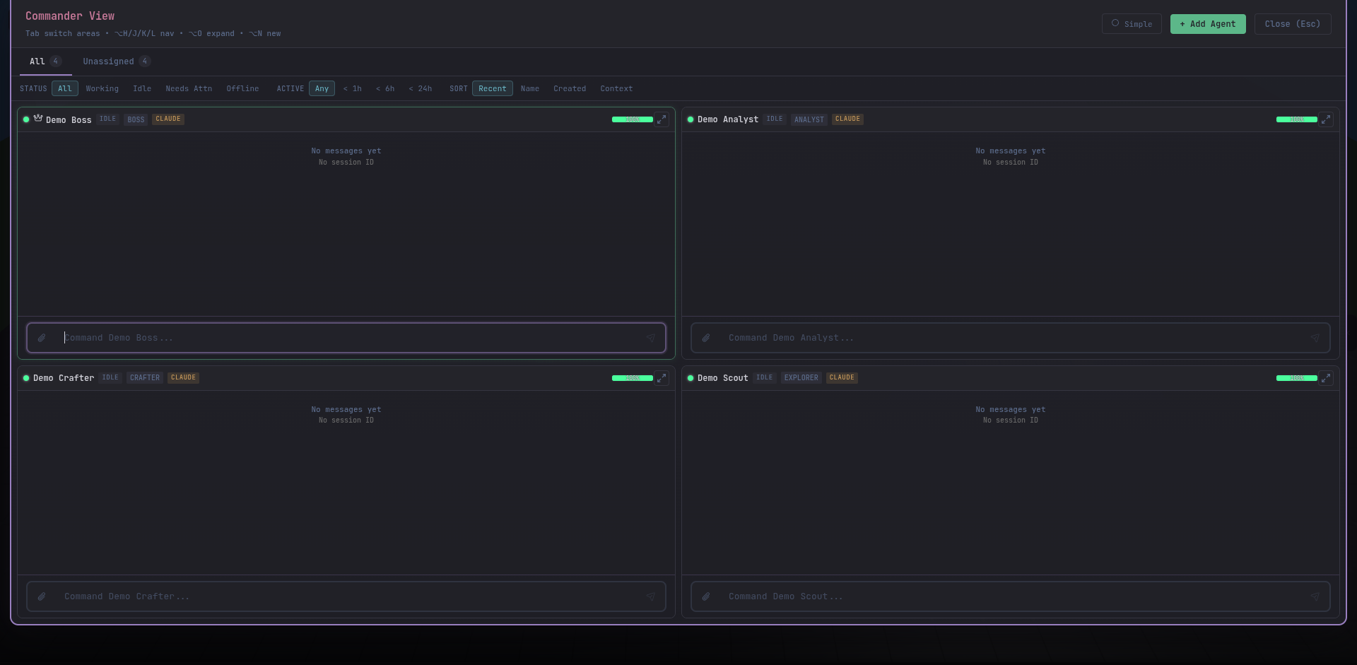 Commander view grid of agent terminals